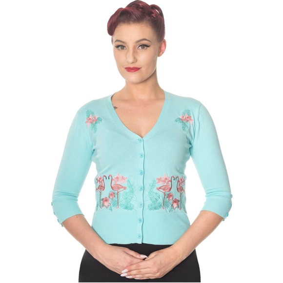 Banned Apparel Retro Rockabilly Teal Cardigan Sweater with Pink Flamingos - Picture 2 of 12